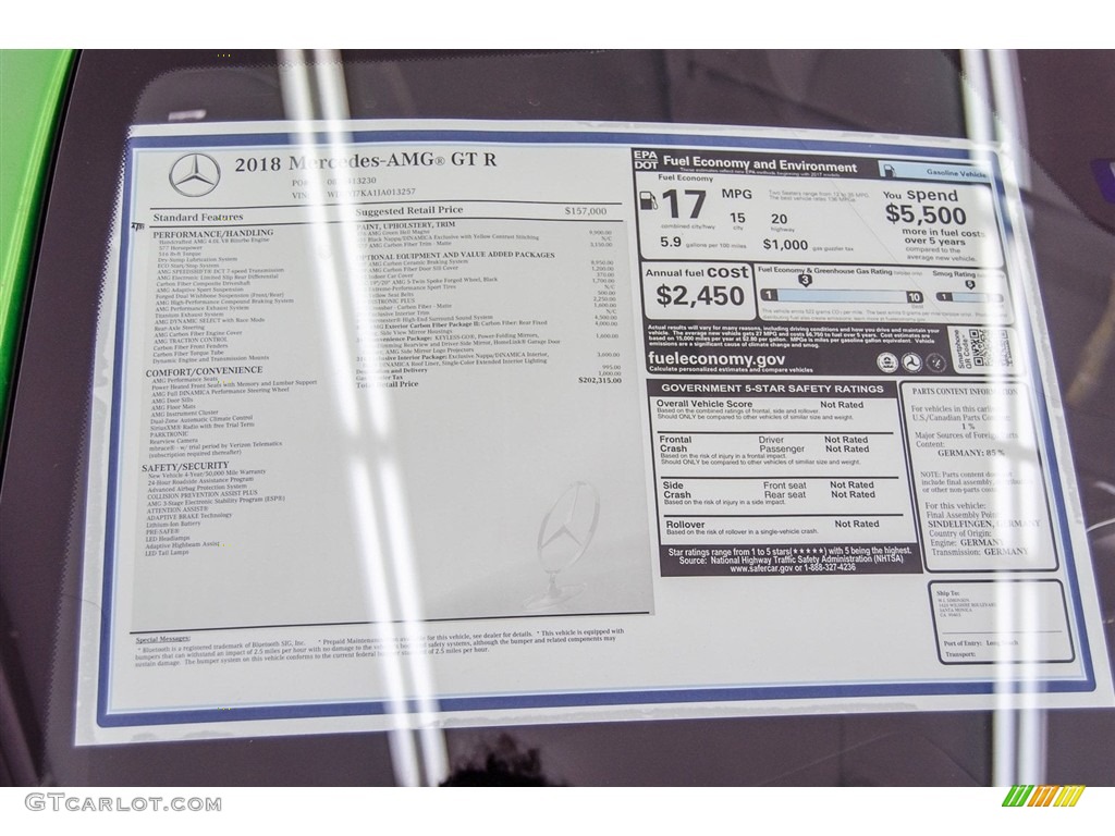 2018 Mercedes-Benz AMG GT R Coupe Window Sticker Photo #123293346
