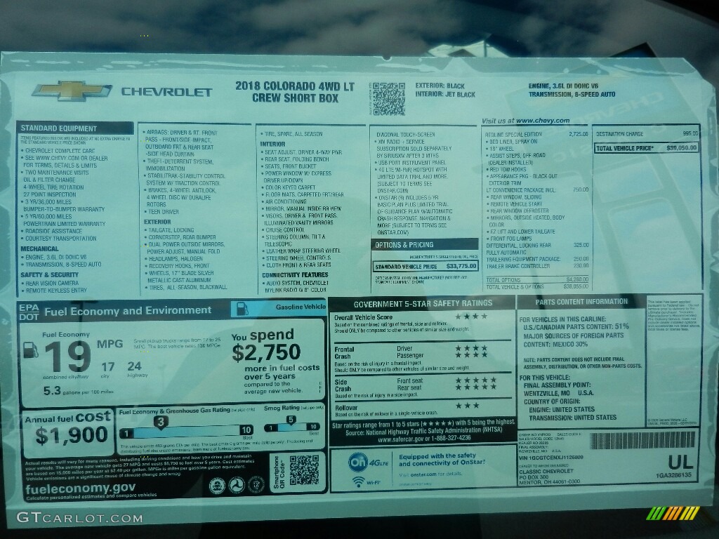 2018 Chevrolet Colorado LT Crew Cab 4x4 Window Sticker Photo #123298989