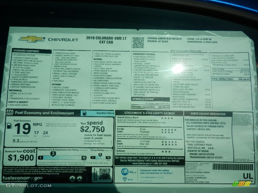 2018 Chevrolet Colorado LT Extended Cab 4x4 Window Sticker Photo #123299409