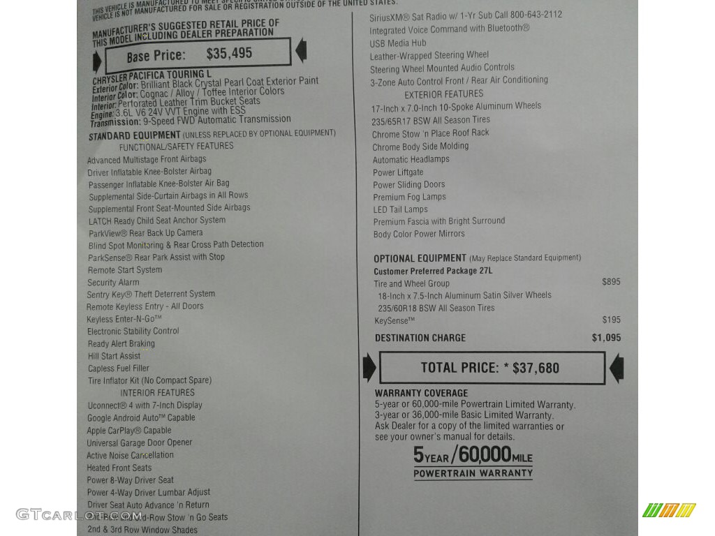 2018 Chrysler Pacifica Touring L Window Sticker Photo #123304434