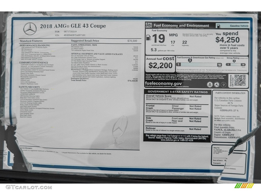 2018 Mercedes-Benz GLE 43 AMG 4Matic Coupe Window Sticker Photo #123368145