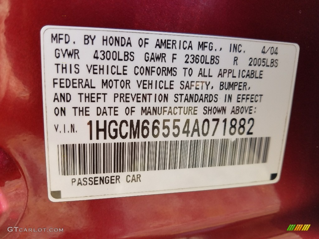 2004 Accord EX V6 Sedan - Redondo Red Pearl / Black photo #24