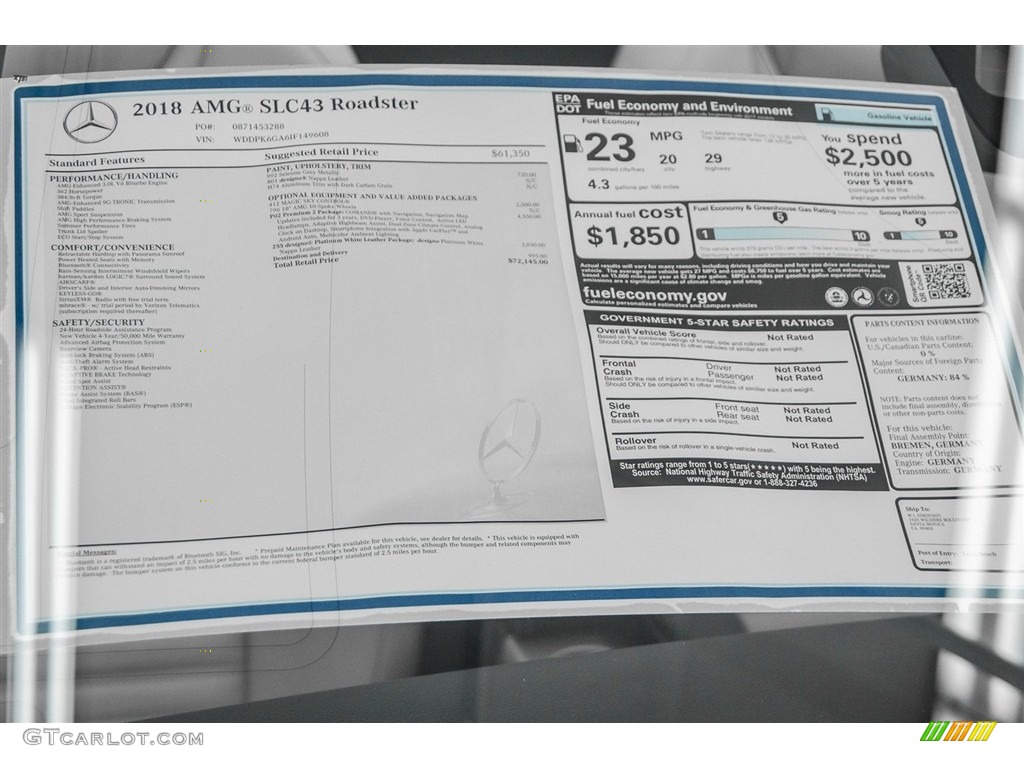 2018 Mercedes-Benz SLC 43 AMG Roadster Window Sticker Photo #123393478