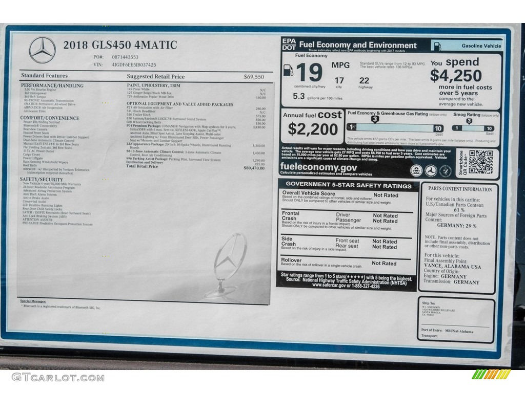 2018 Mercedes-Benz GLS 450 4Matic Window Sticker Photo #123394765