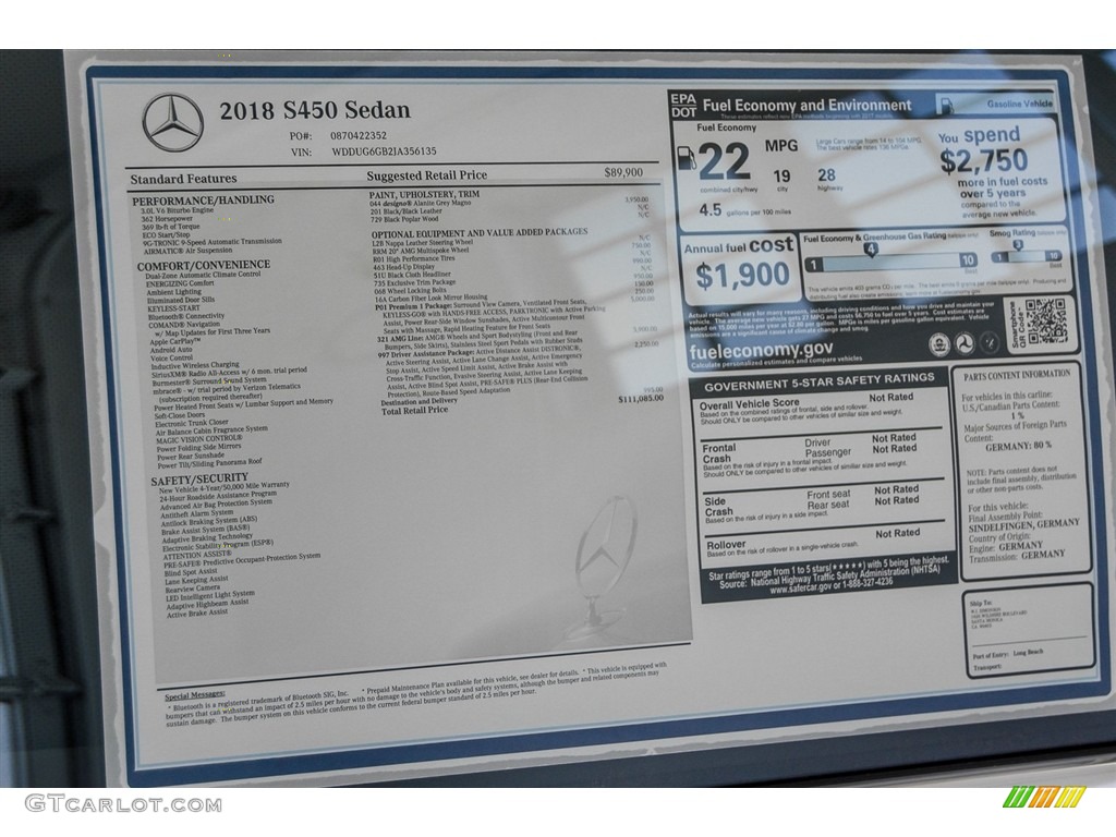 2018 Mercedes-Benz S 450 Sedan Window Sticker Photo #123395077