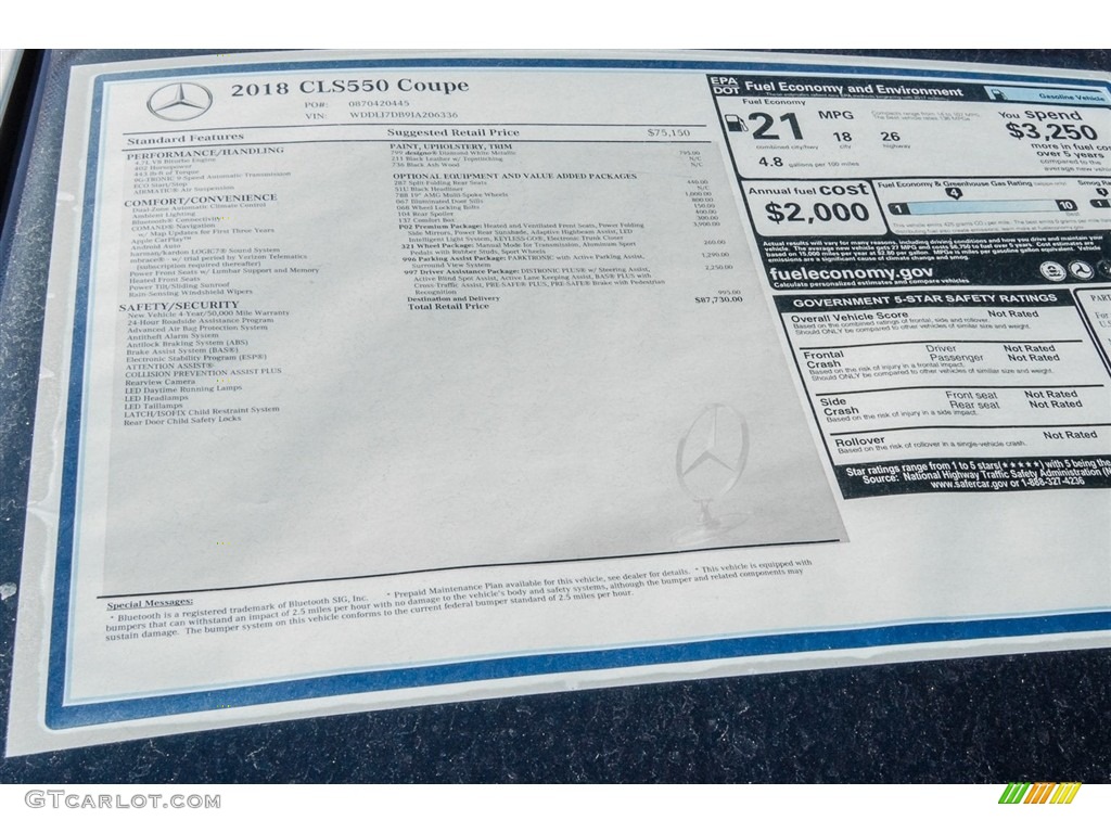 2018 Mercedes-Benz CLS 550 Coupe Window Sticker Photo #123396031