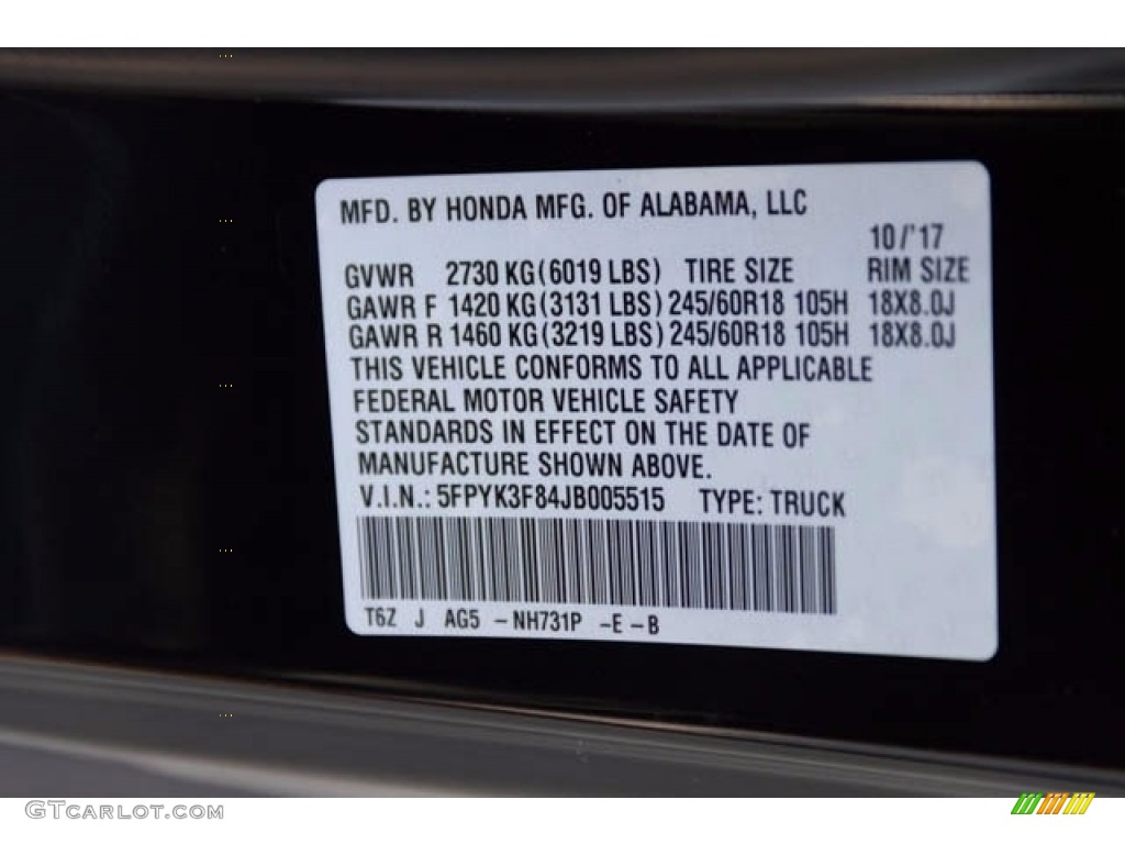 2018 Ridgeline Color Code NH731P for Crystal Black Pearl Photo #123398107