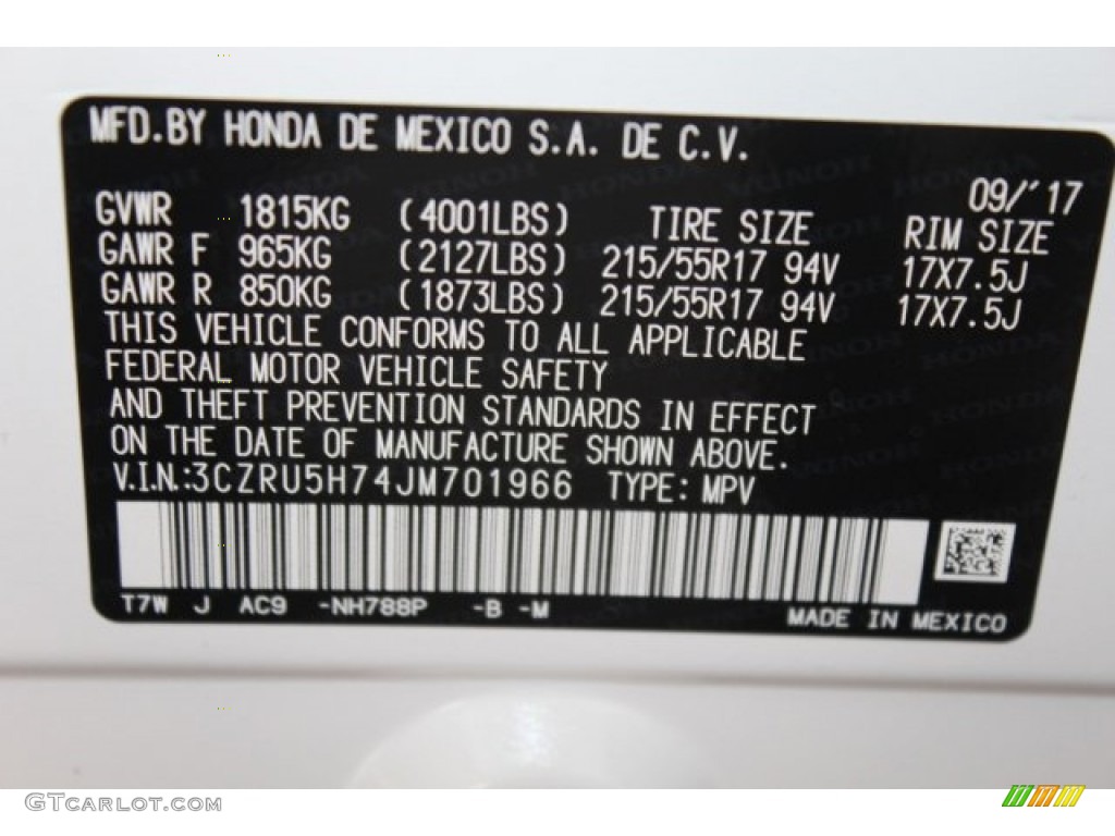 2018 HR-V Color Code NH788P for White Orchid Pearl Photo #123418705