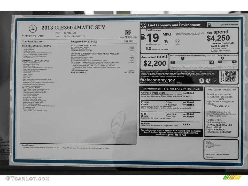 2018 Mercedes-Benz GLE 350 4Matic Window Sticker Photos