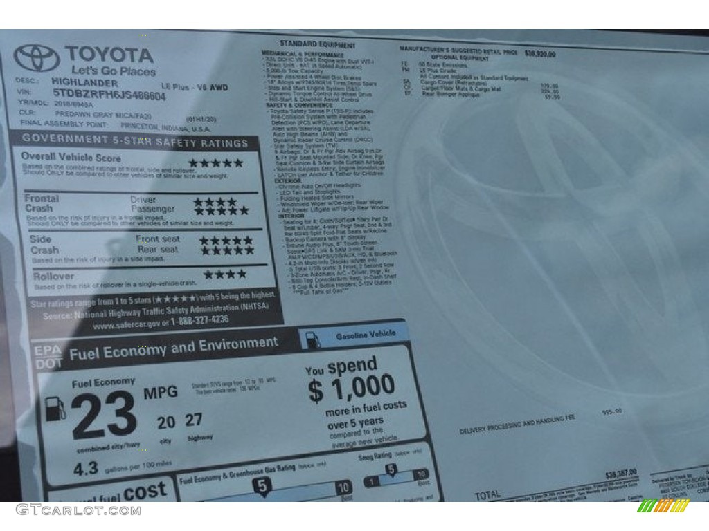 2018 Toyota Highlander LE AWD Window Sticker Photo #123486811
