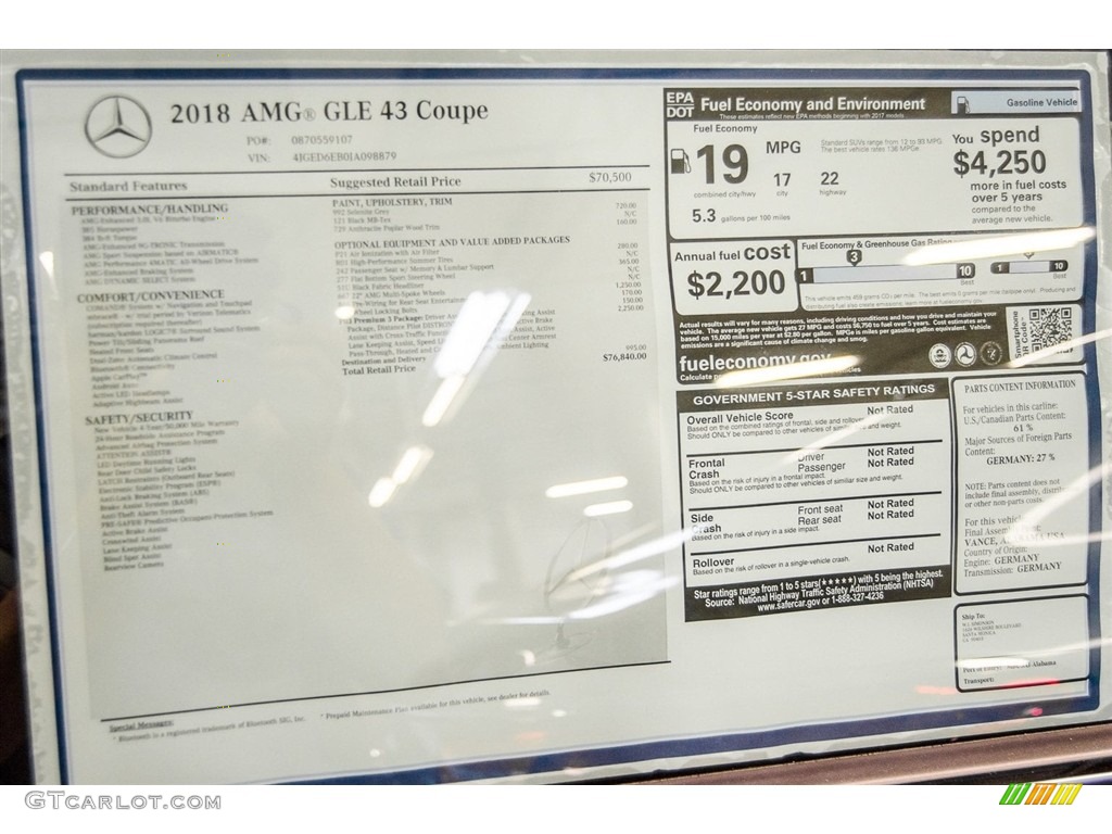 2018 Mercedes-Benz GLE 43 AMG 4Matic Coupe Window Sticker Photo #123500807