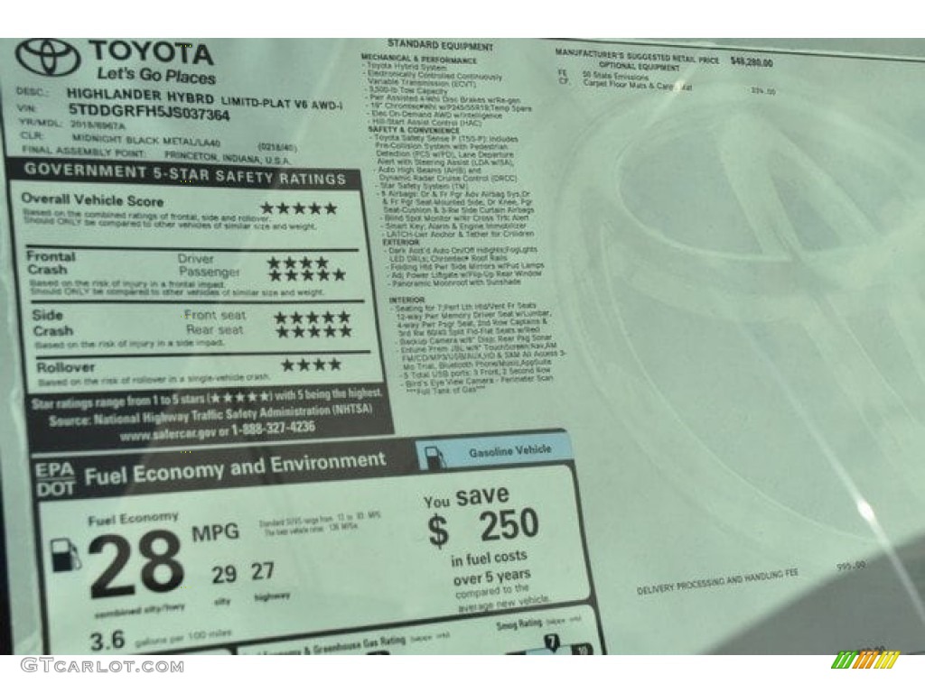 2018 Toyota Highlander Hybrid Limited AWD Window Sticker Photo #123504530