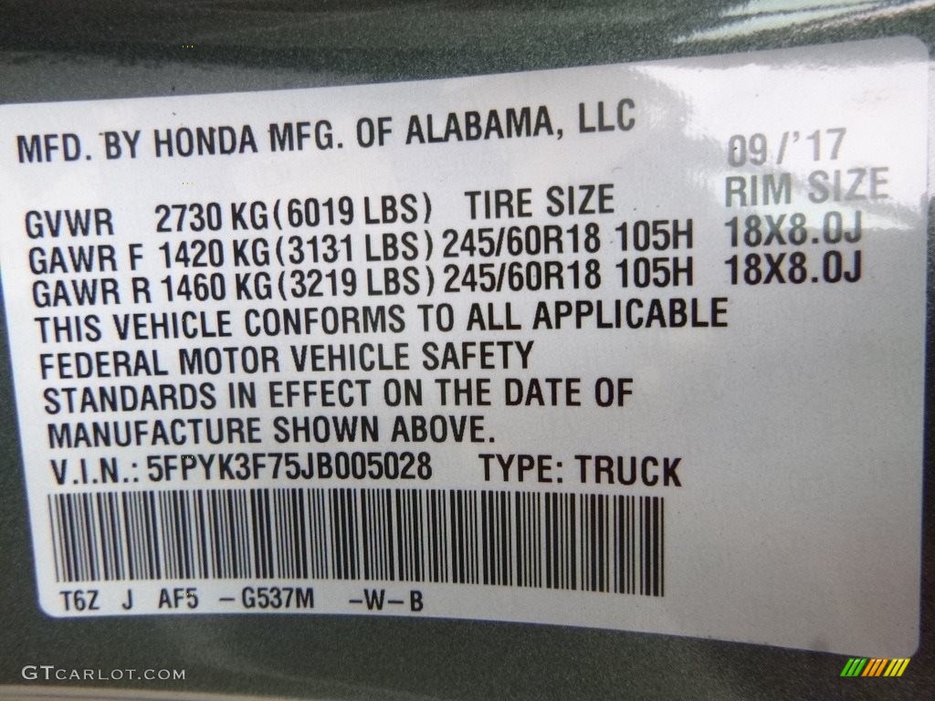 2018 Ridgeline Color Code G537M for Forest Mist Metallic Photo #123509087