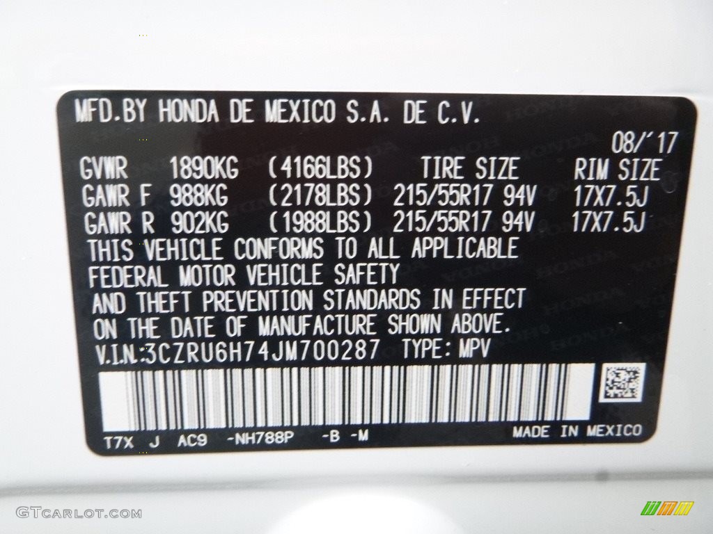 2018 HR-V Color Code NH788P for White Orchid Pearl Photo #123510362