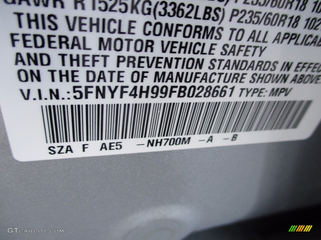 2015 Pilot Touring 4WD - Alabaster Silver Metallic / Black photo #19