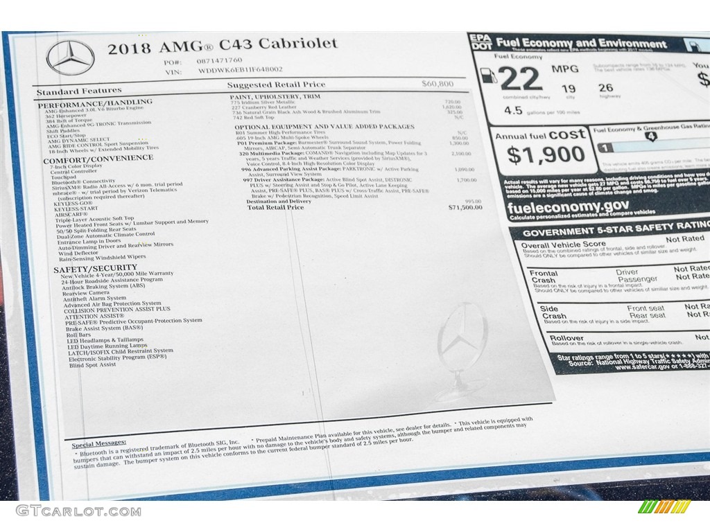 2018 Mercedes-Benz C 43 AMG 4Matic Cabriolet Window Sticker Photo #123530405