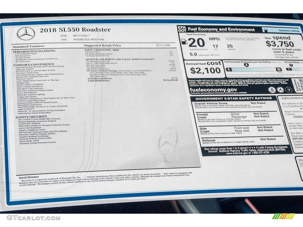 2018 Mercedes-Benz SL 550 Roadster Window Sticker Photo #123530651