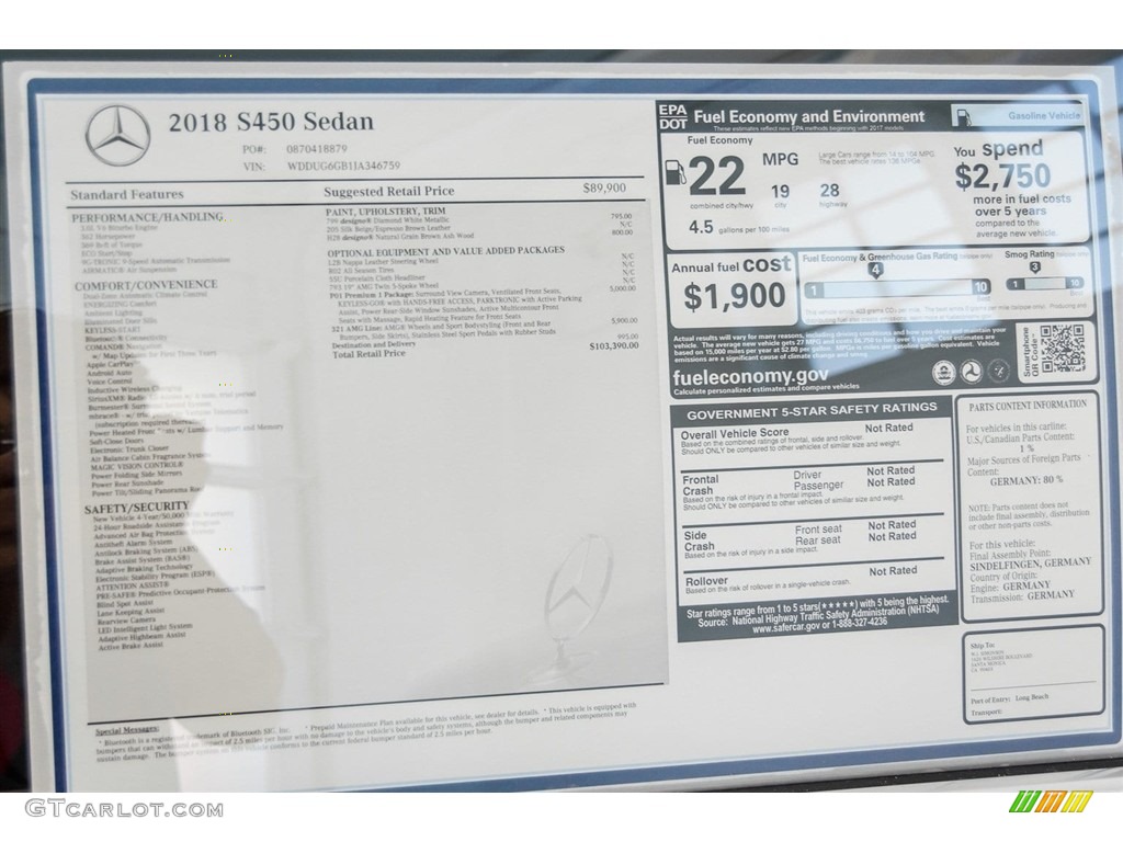 2018 Mercedes-Benz S 450 Sedan Window Sticker Photo #123572095
