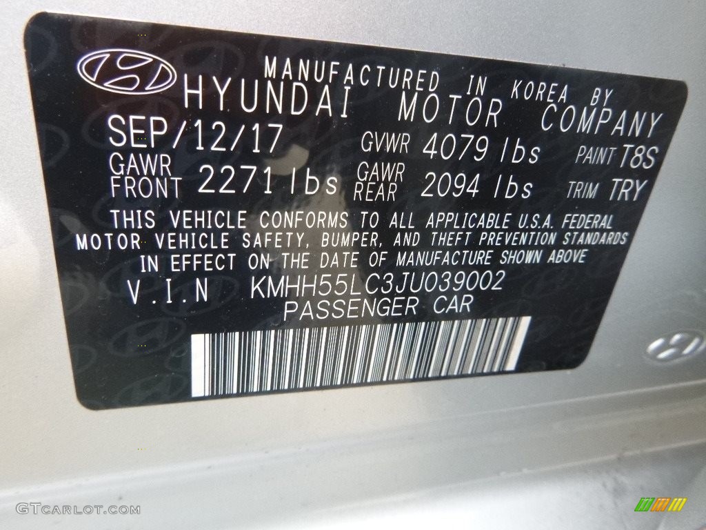 2018 Elantra GT Color Code T8S for Symphony Air Silver Photo #123576832