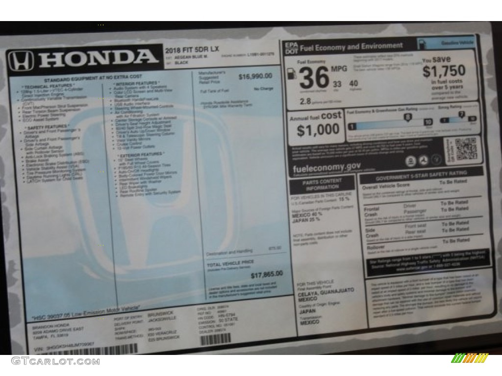 2018 Honda Fit LX Window Sticker Photo #123596378