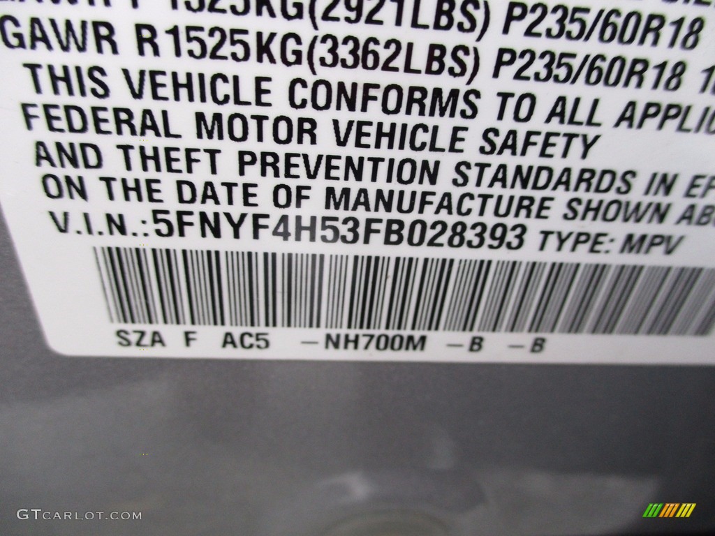 2015 Pilot EX-L 4WD - Alabaster Silver Metallic / Gray photo #19