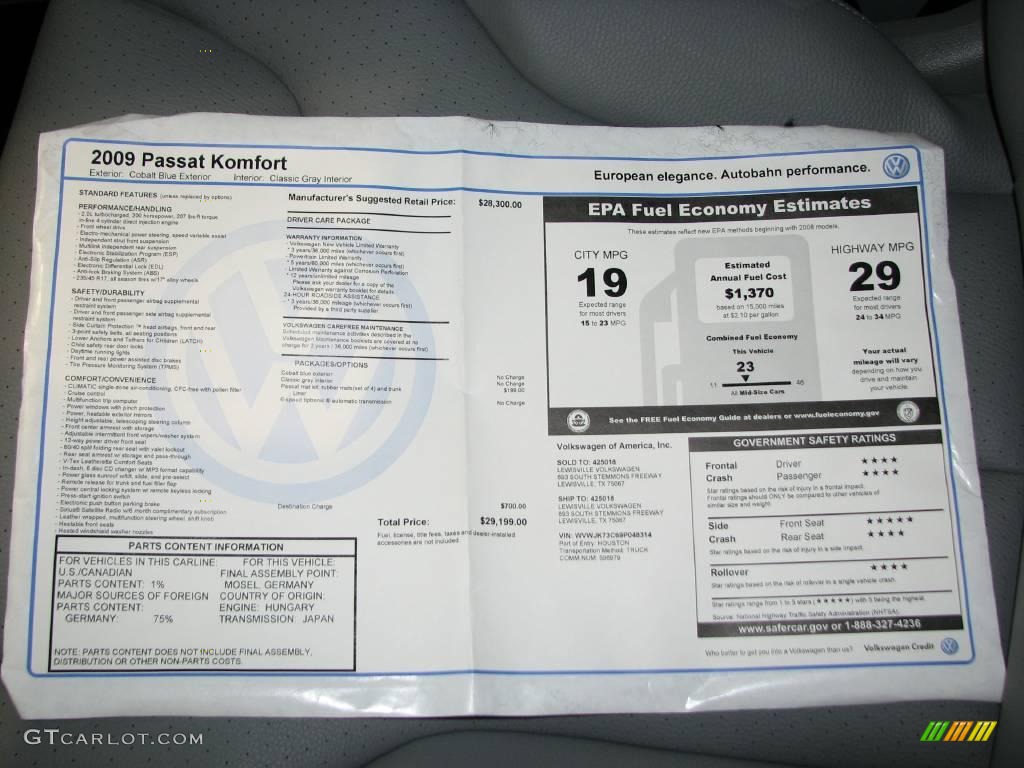 2009 Passat Komfort Sedan - Cobalt Blue Metallic / Classic Grey photo #18