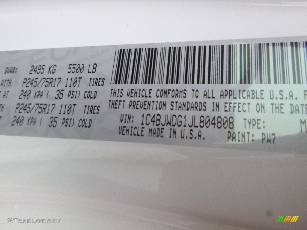 2018 Wrangler Unlimited Color Code PW7 for Bright White Photo #123651634
