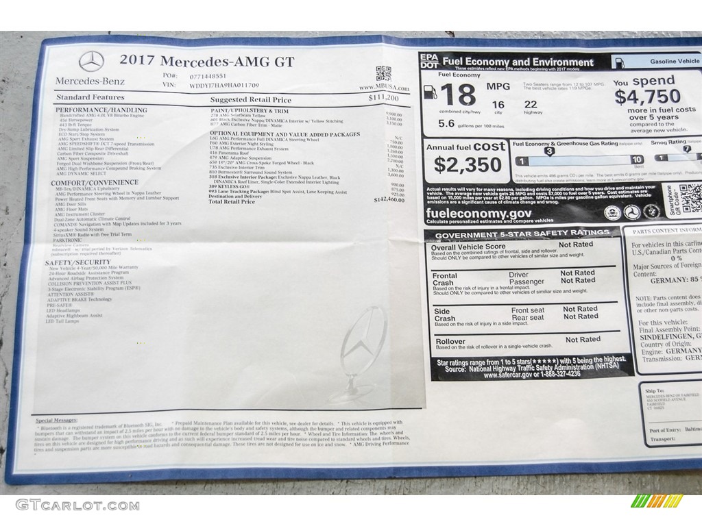 2017 Mercedes-Benz AMG GT Coupe Window Sticker Photo #123683921