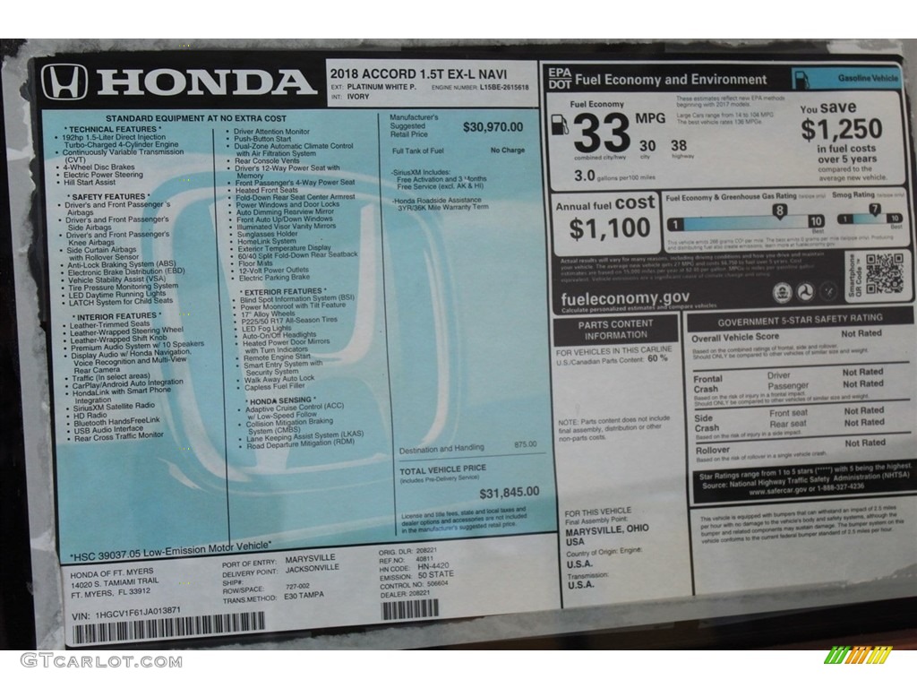 2018 Honda Accord EX-L Sedan Window Sticker Photo #123693052
