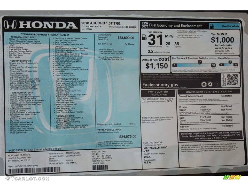 2018 Honda Accord Touring Sedan Window Sticker Photo #123694250
