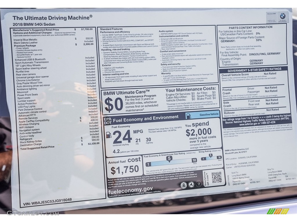 2018 BMW 5 Series 540i Sedan Window Sticker Photo #123699617