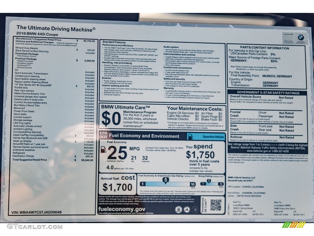 2018 BMW 4 Series 440i Coupe Window Sticker Photo #123702599