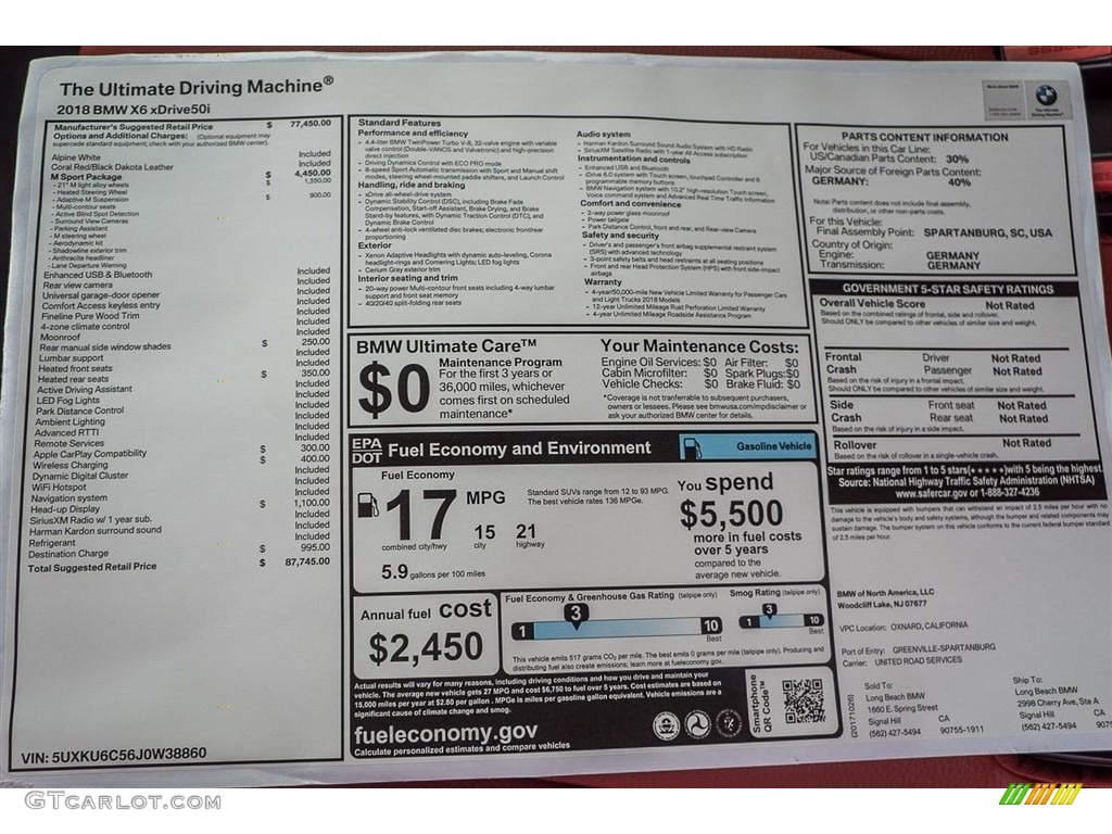 2018 BMW X6 xDrive50i Window Sticker Photo #123702872