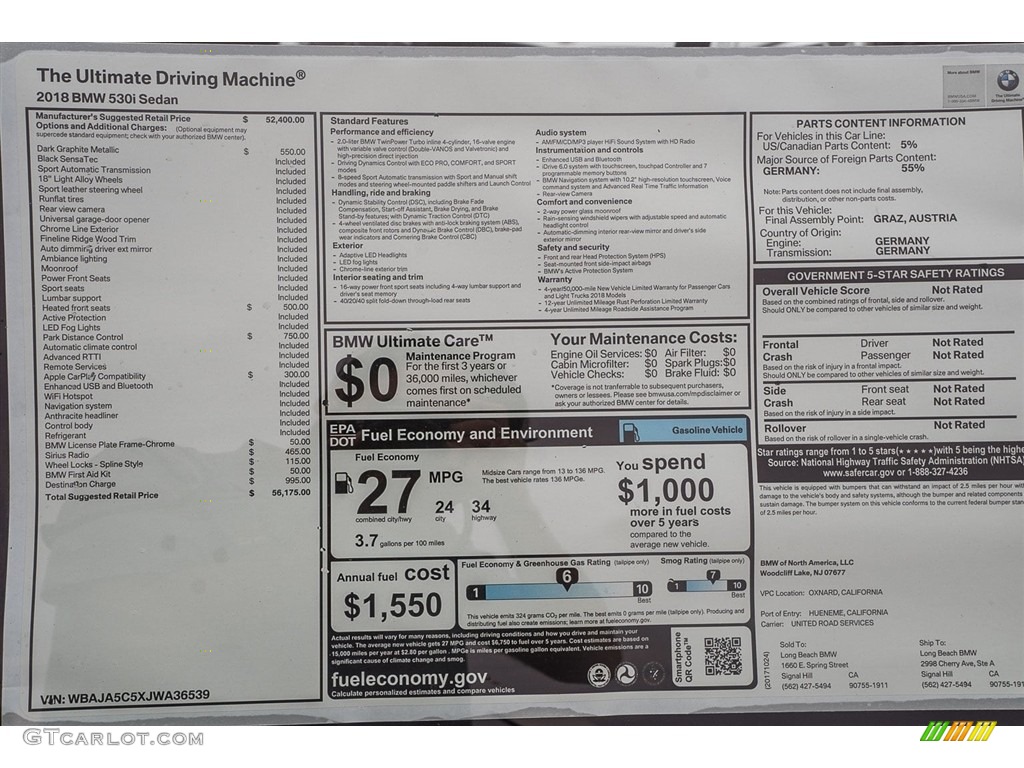 2018 BMW 5 Series 530i Sedan Window Sticker Photo #123703250
