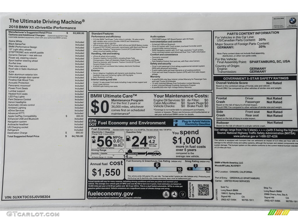 2018 BMW X5 xDrive40e iPerfomance Window Sticker Photo #123703883