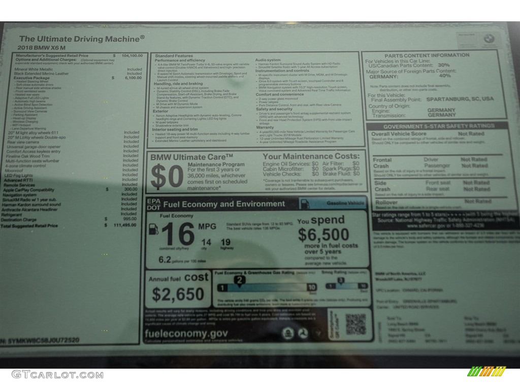 2018 BMW X6 M Standard X6 M Model Window Sticker Photo #123704189
