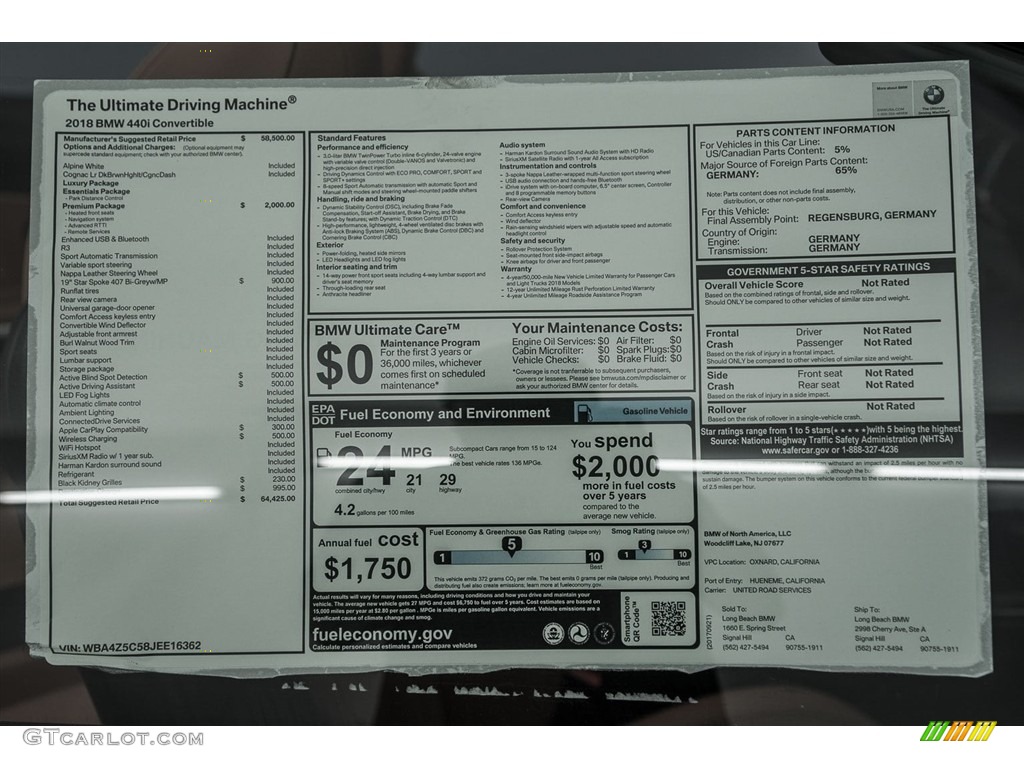 2018 BMW 4 Series 440i Convertible Window Sticker Photo #123704890