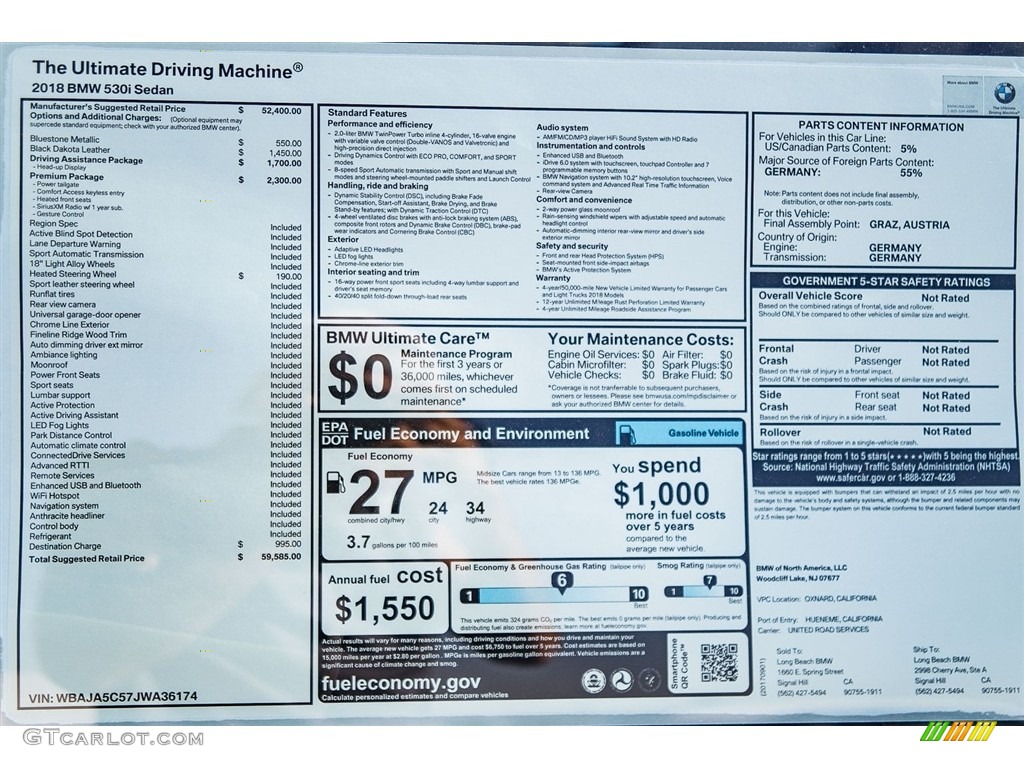 2018 BMW 5 Series 530i Sedan Window Sticker Photo #123705227