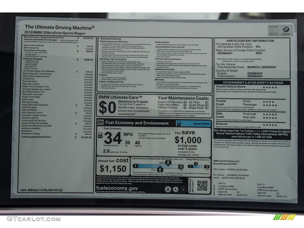 2018 BMW 3 Series 328d xDrive Sports Wagon Window Sticker Photo #123705593