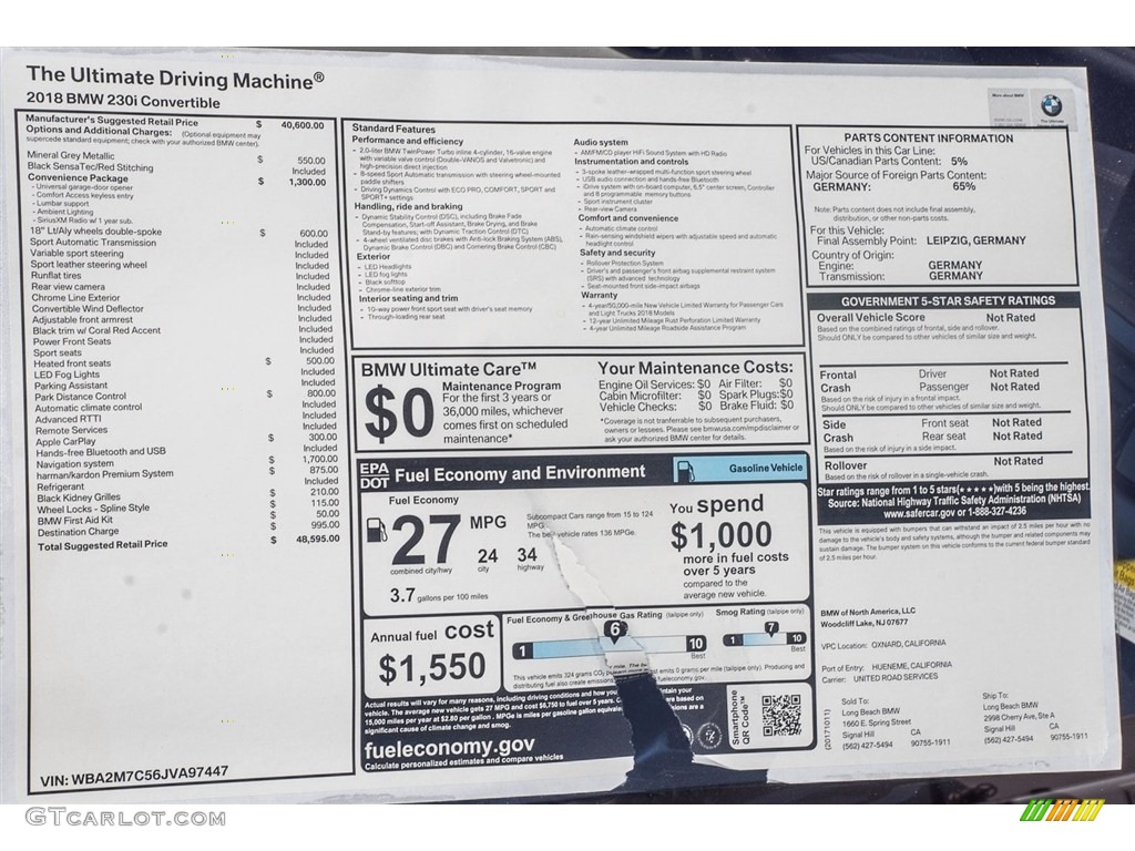 2018 BMW 2 Series 230i Convertible Window Sticker Photo #123706982