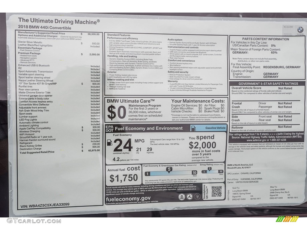 2018 BMW 4 Series 440i Convertible Window Sticker Photo #123707528