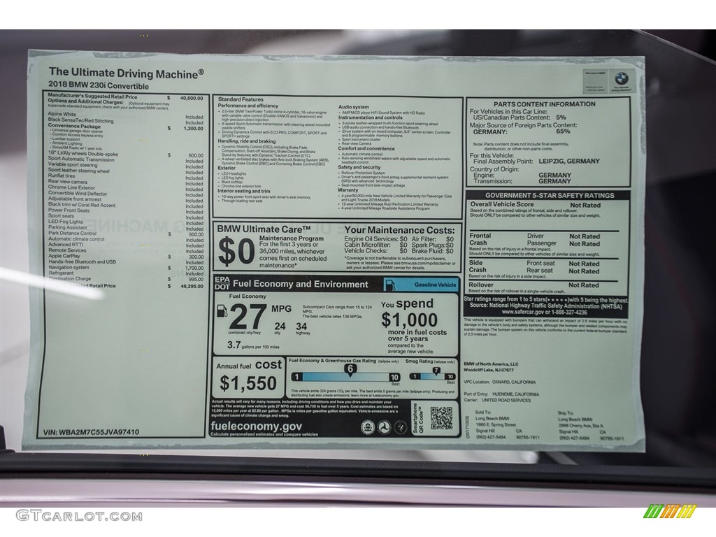 2018 BMW 2 Series 230i Convertible Window Sticker Photo #123707678