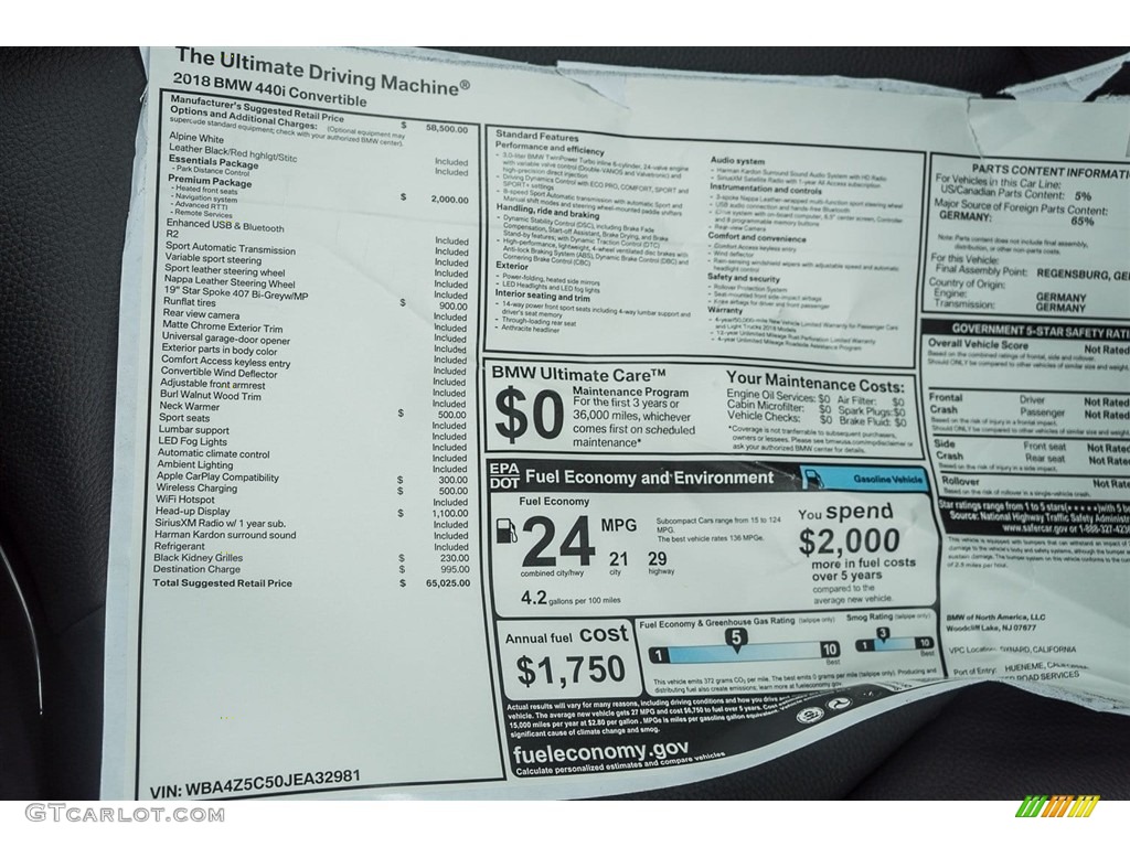 2018 BMW 4 Series 440i Convertible Window Sticker Photo #123708554