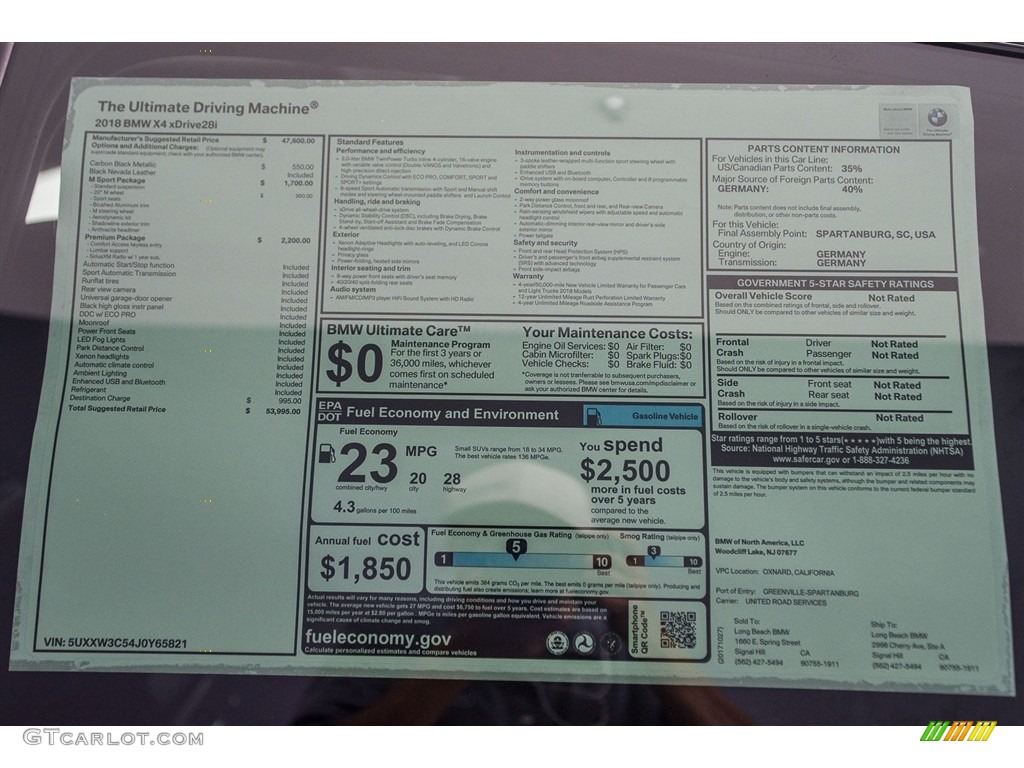 2018 BMW X4 xDrive28i Window Sticker Photos