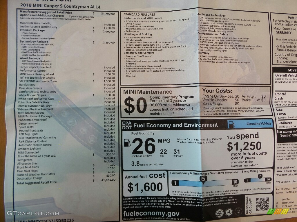 2018 Mini Countryman Cooper S ALL4 Window Sticker Photo #123710837