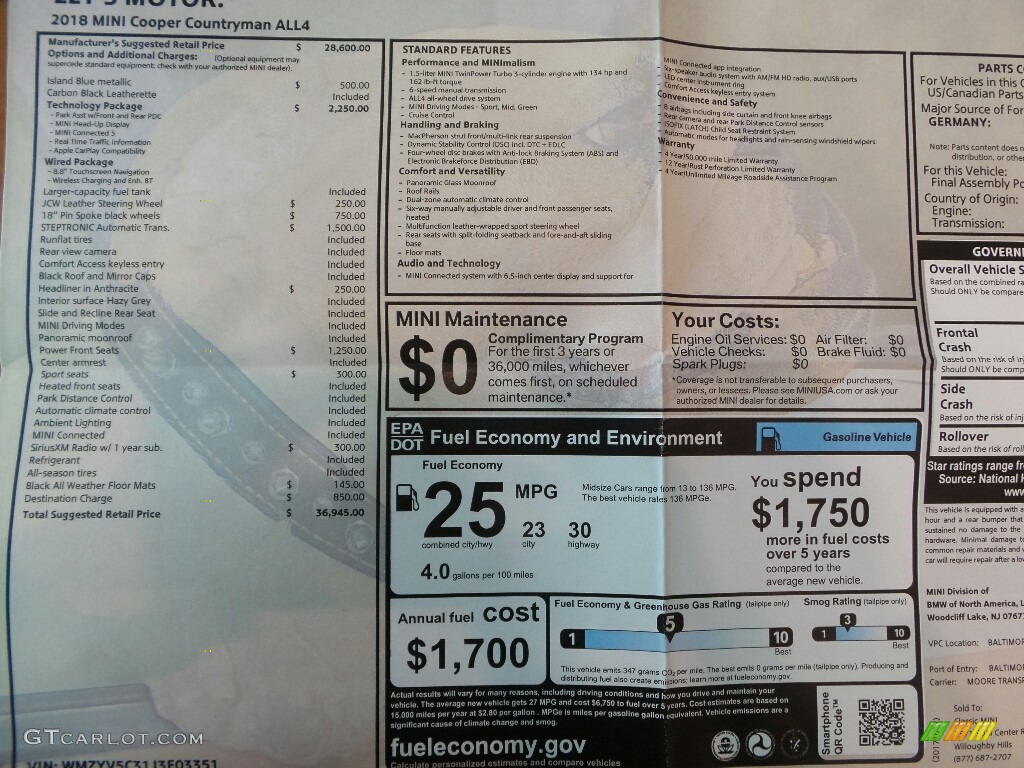 2018 Mini Countryman Cooper ALL4 Window Sticker Photos