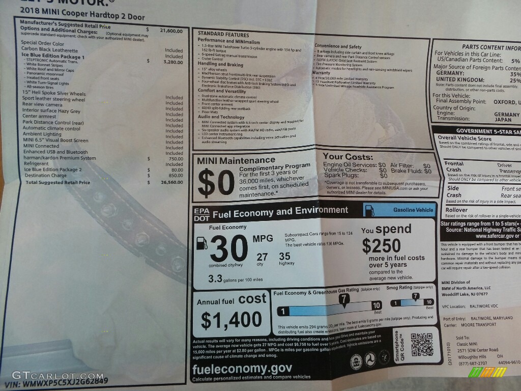2018 Mini Hardtop Cooper 2 Door Window Sticker Photo #123711545