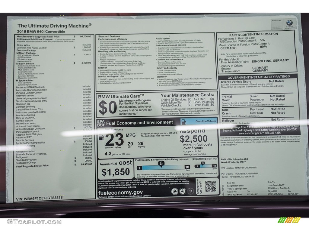 2018 BMW 6 Series 640i Convertible Window Sticker Photos