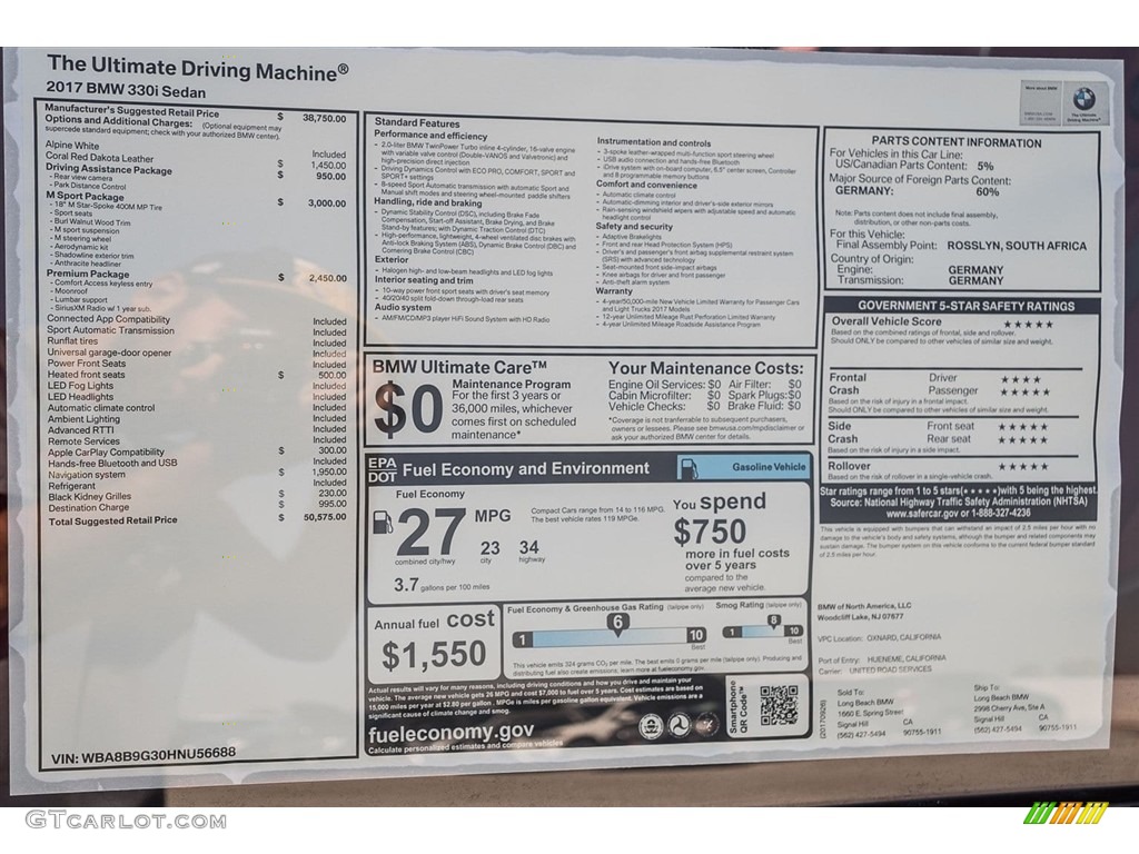 2017 3 Series 330i Sedan - Alpine White / Coral Red photo #10