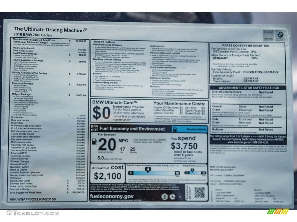 2018 7 Series 750i Sedan - Mineral White Metallic / Black photo #10